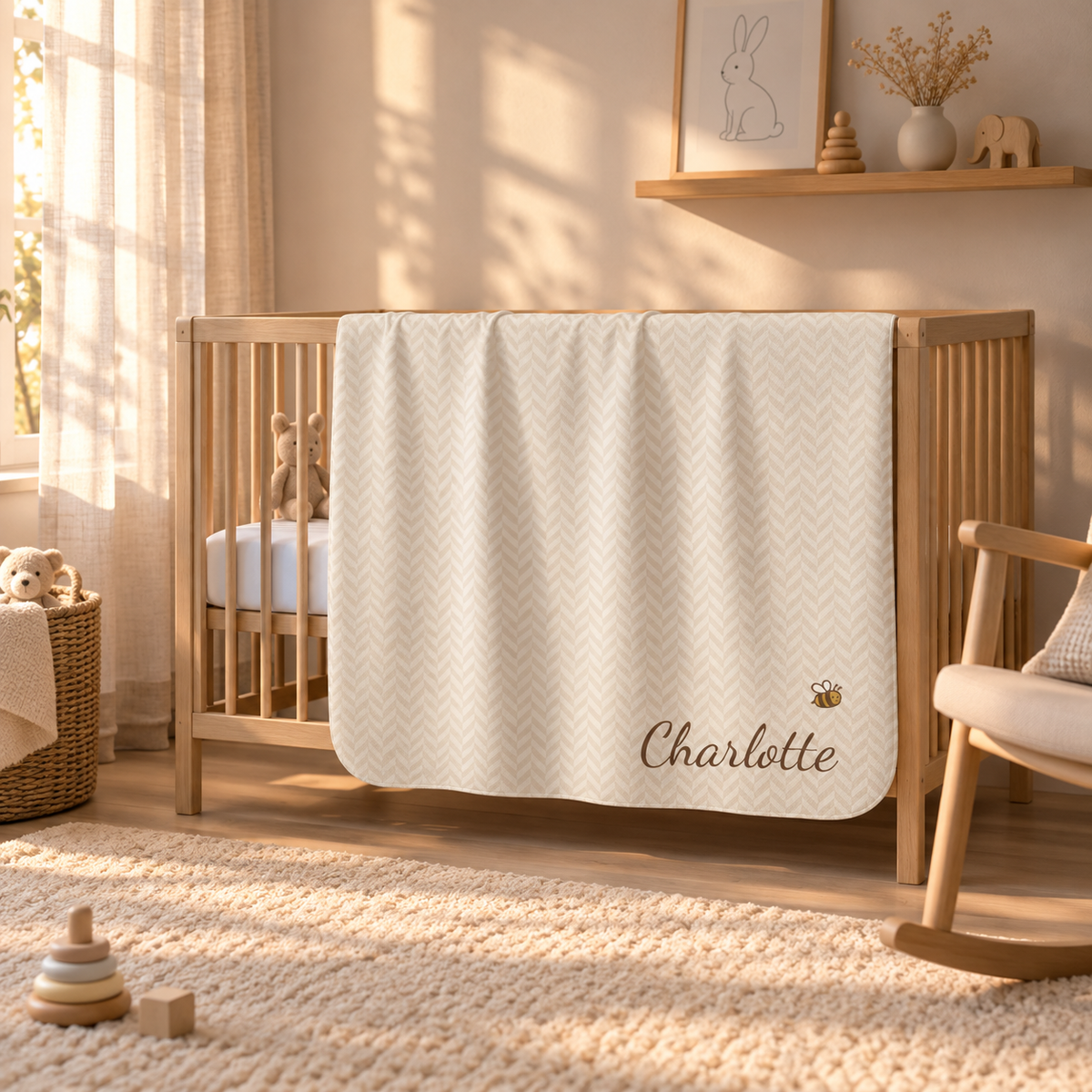 Personalized cream baby blanket with name and a bee, draped over a crib rail