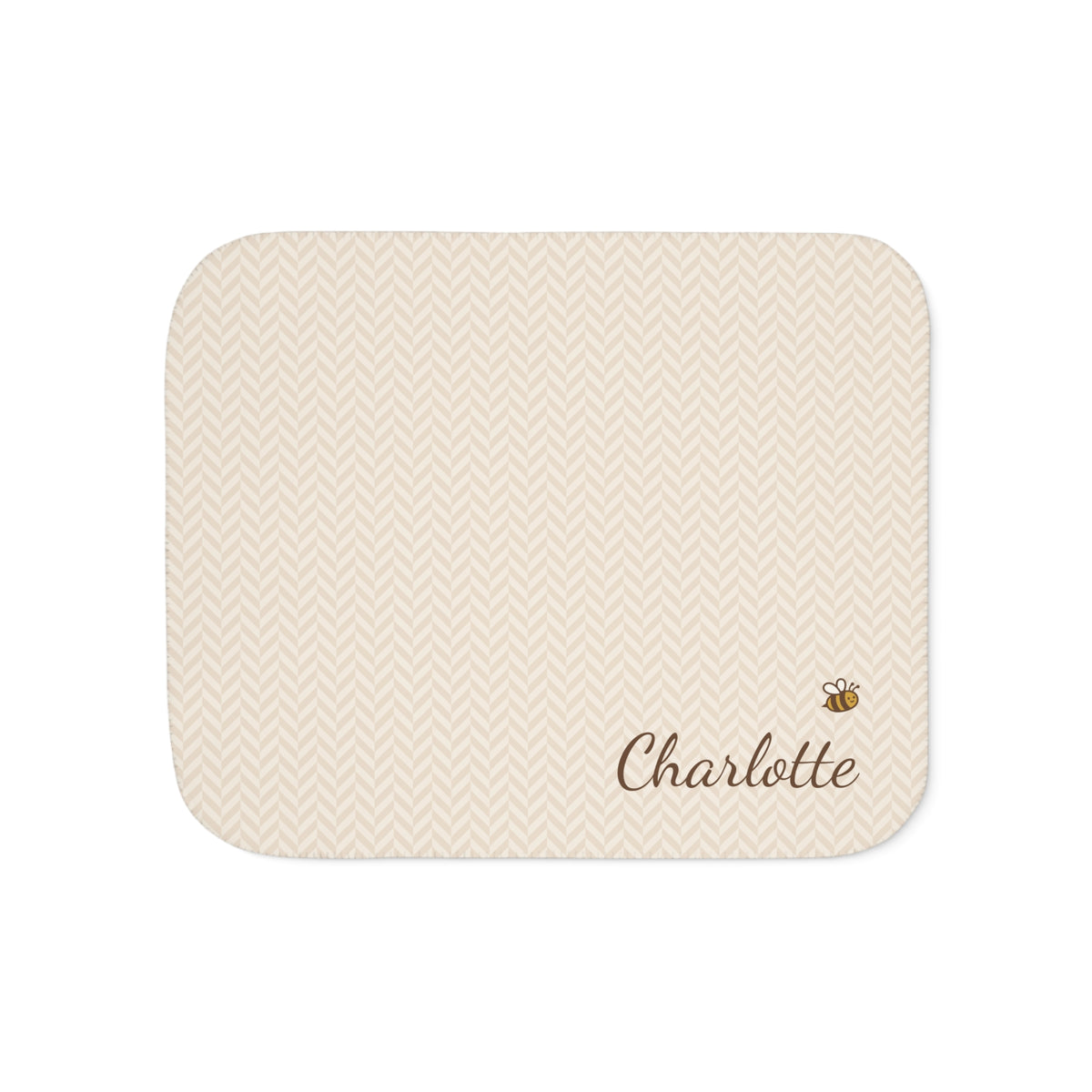 Personalized cream baby blanket with name and a bee, front view with name and bee