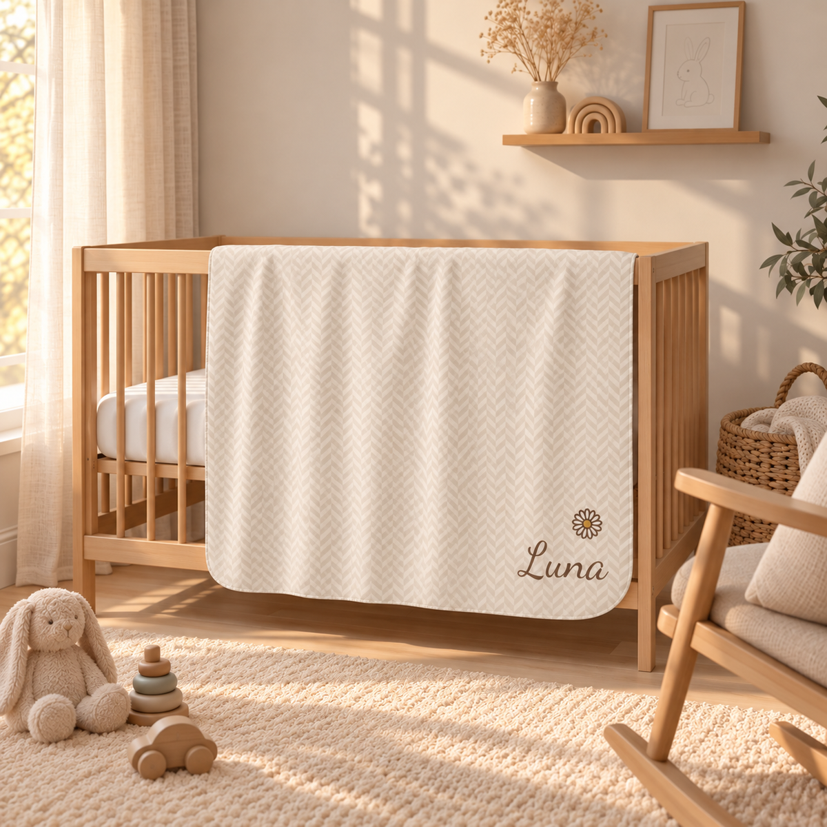 Personalized cream baby blanket with name and a flower, draped over a crib rail