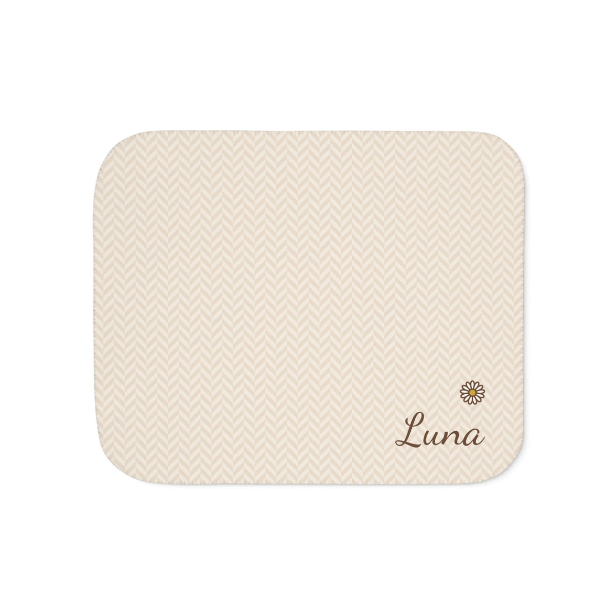 Personalized cream baby blanket with name and a flower, front view with name and flower