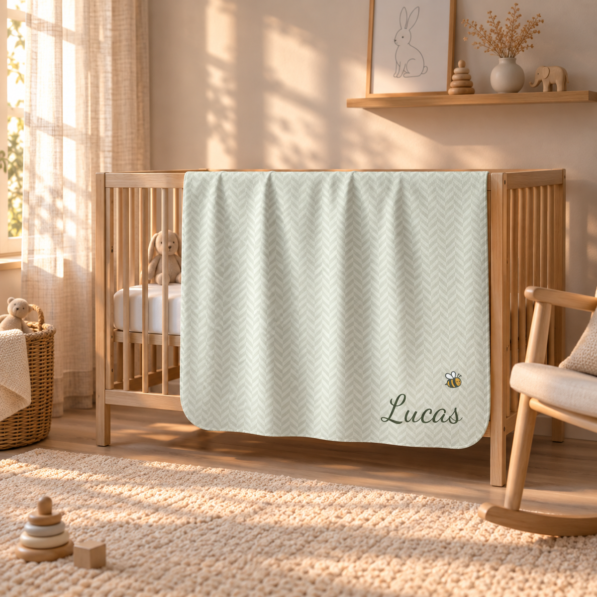 Personalized green baby blanket with name and a bee, draped over a crib rail