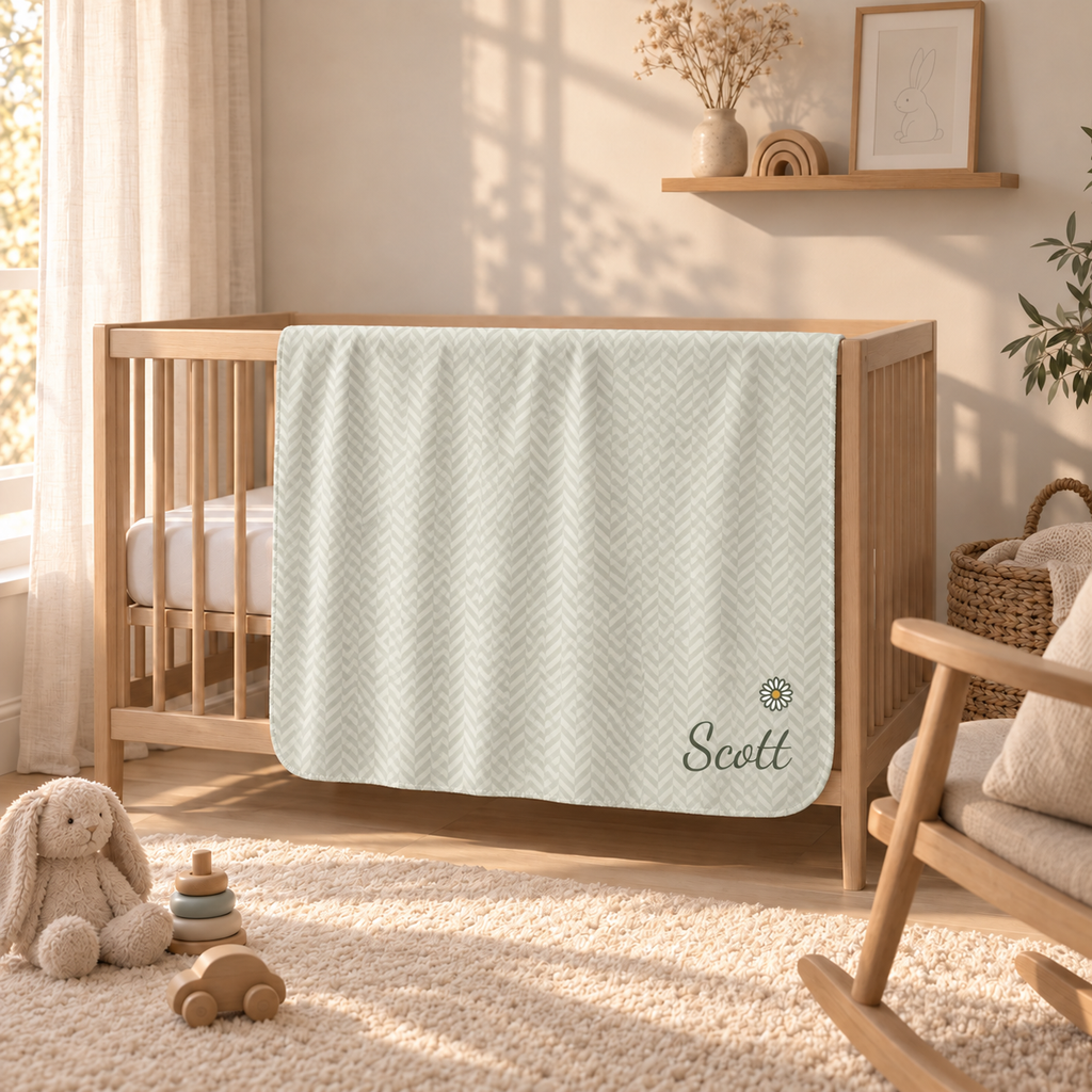 Personalized green baby blanket with name and a flower, draped over a crib rail
