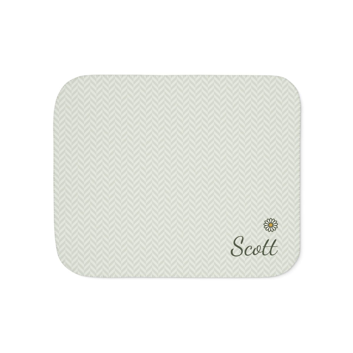 Personalized green baby blanket with name and a flower, front view with name and flower