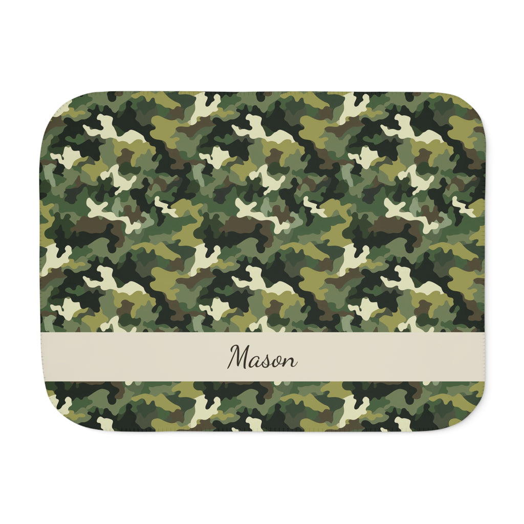 Personalized Green Camo Sherpa Blanket with Name laid flat, front view with the name on the band