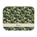 Personalized Green Camo Sherpa Blanket with Name laid flat, front view with the name on the band