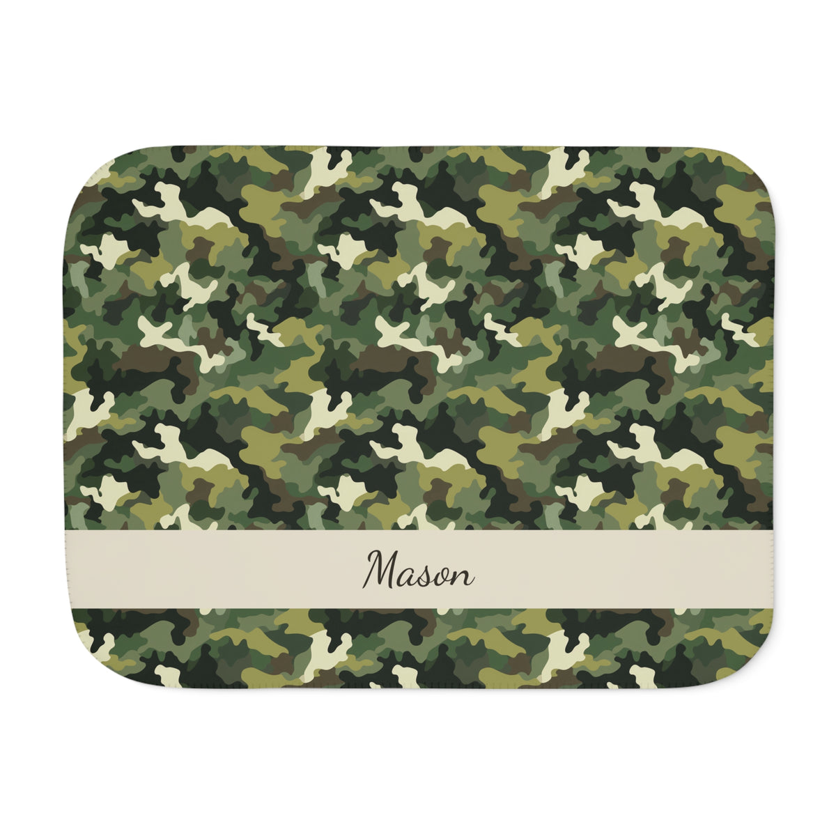 Personalized Green Camo Sherpa Blanket with Name laid flat, front view with the name on the band