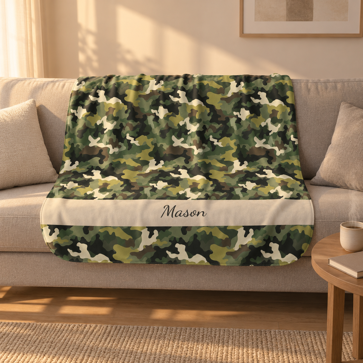 Personalized Green Camo Sherpa Blanket with Name draped over a cream sofa in a living room