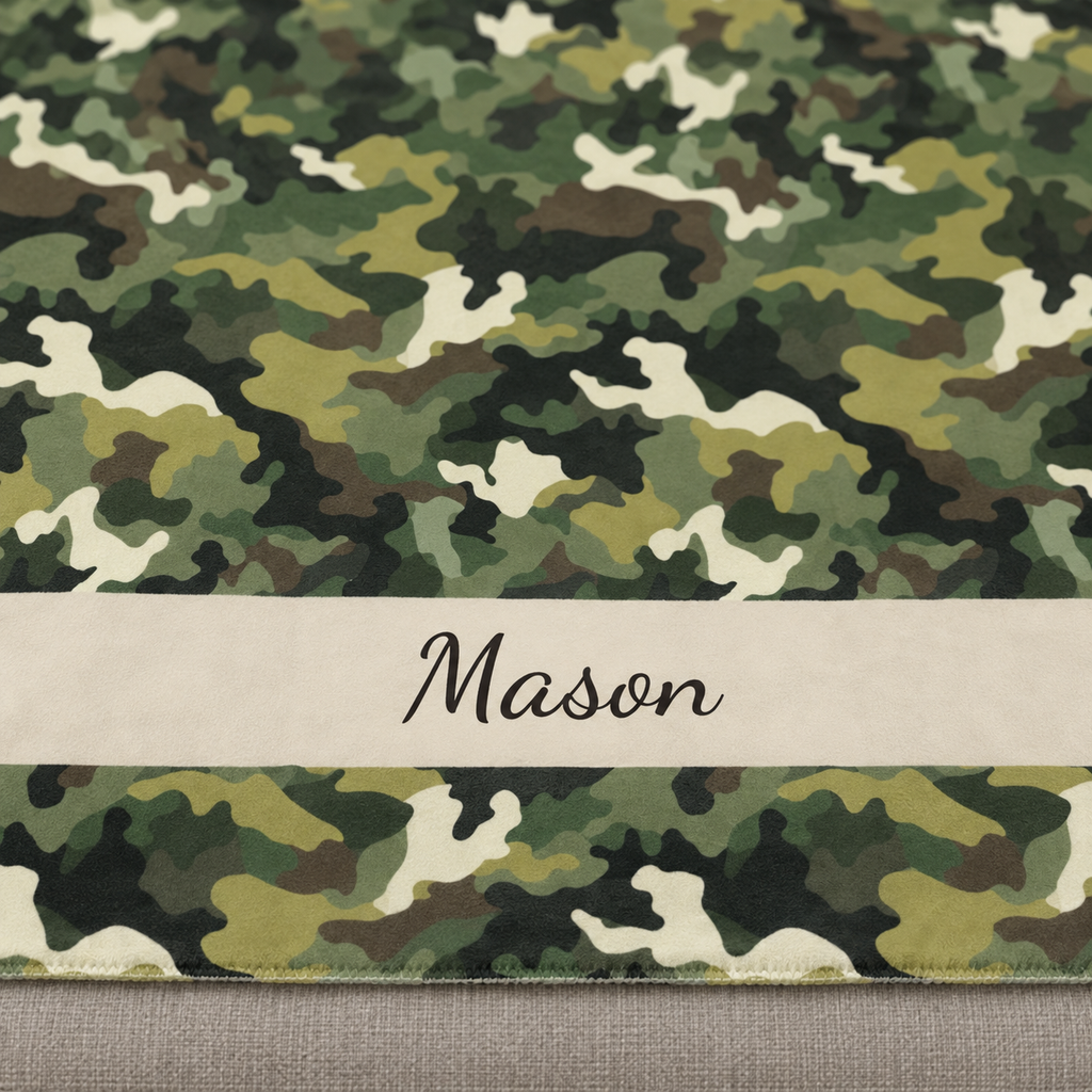 Close-up of the Personalized Green Camo Sherpa Blanket with Name showing the camo pattern and the name band