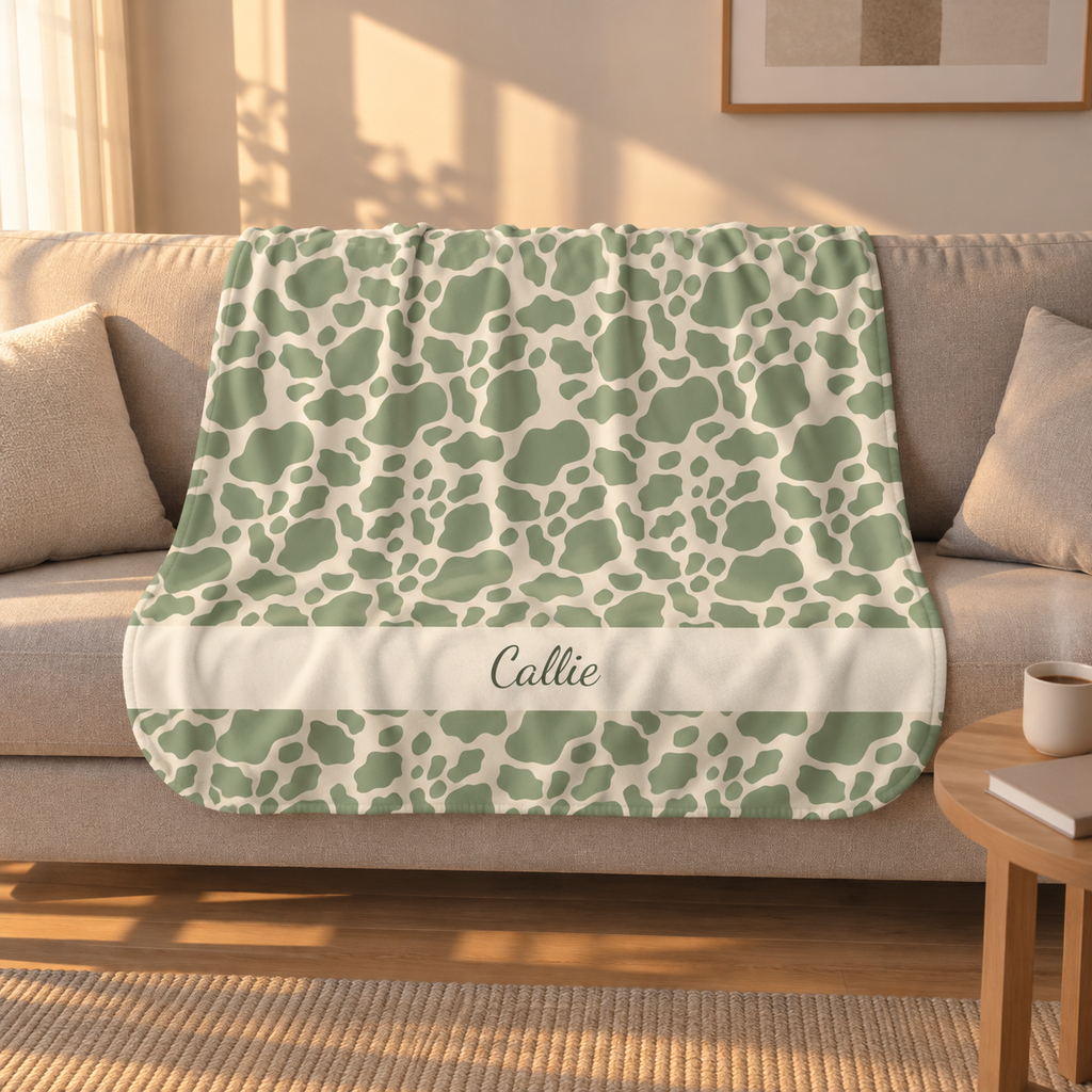 Personalized green cow print sherpa blanket with name, draped over a couch