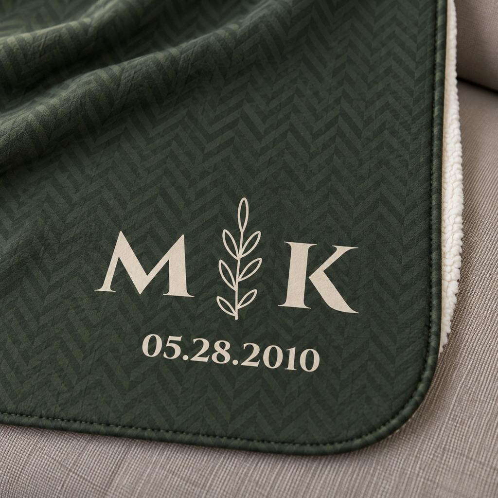 Personalized green sherpa blanket with monogram, close-up of the monogram on the herringbone weave