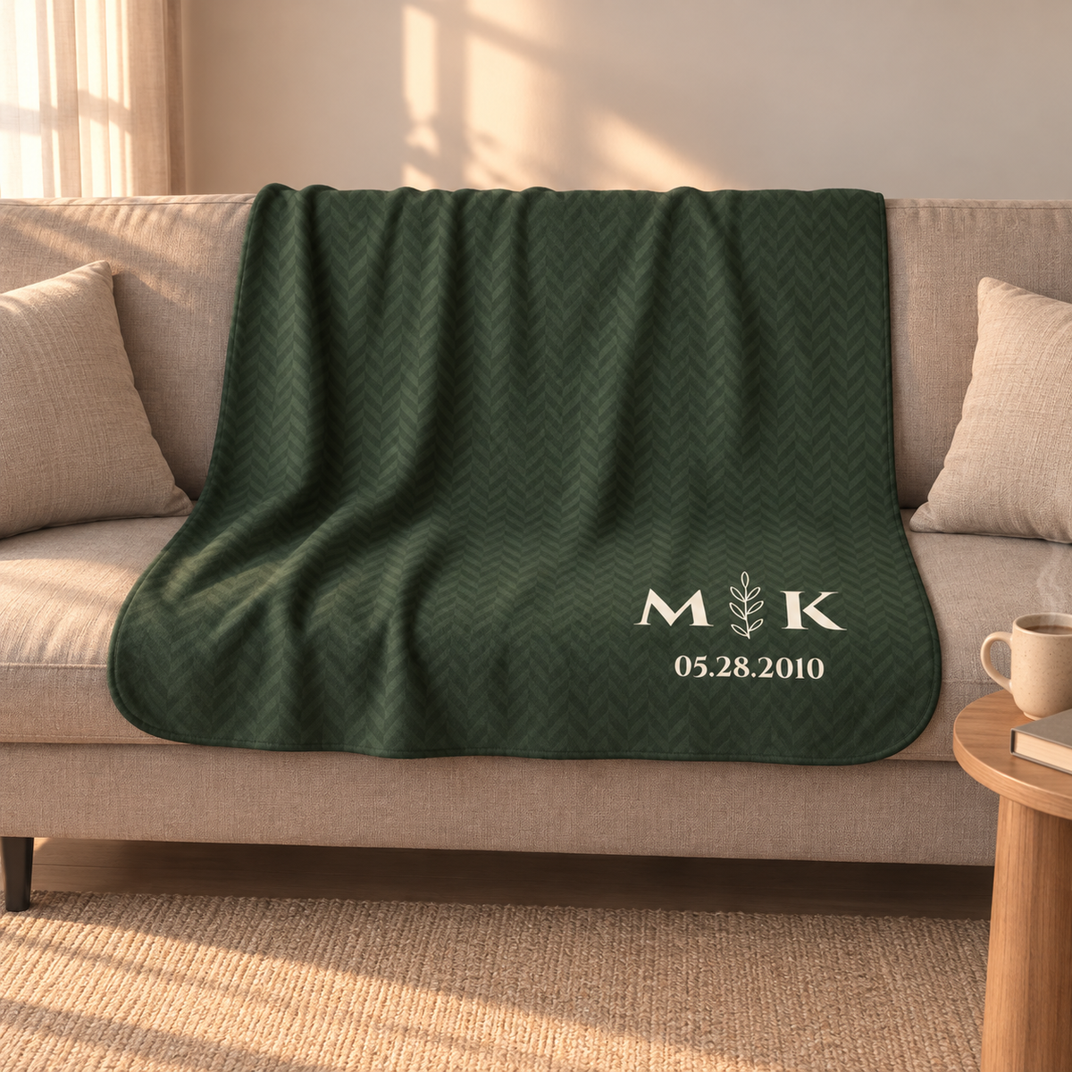 Personalized green sherpa blanket with monogram, draped over a couch