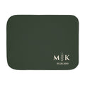 Personalized green sherpa blanket with monogram, front view with monogram
