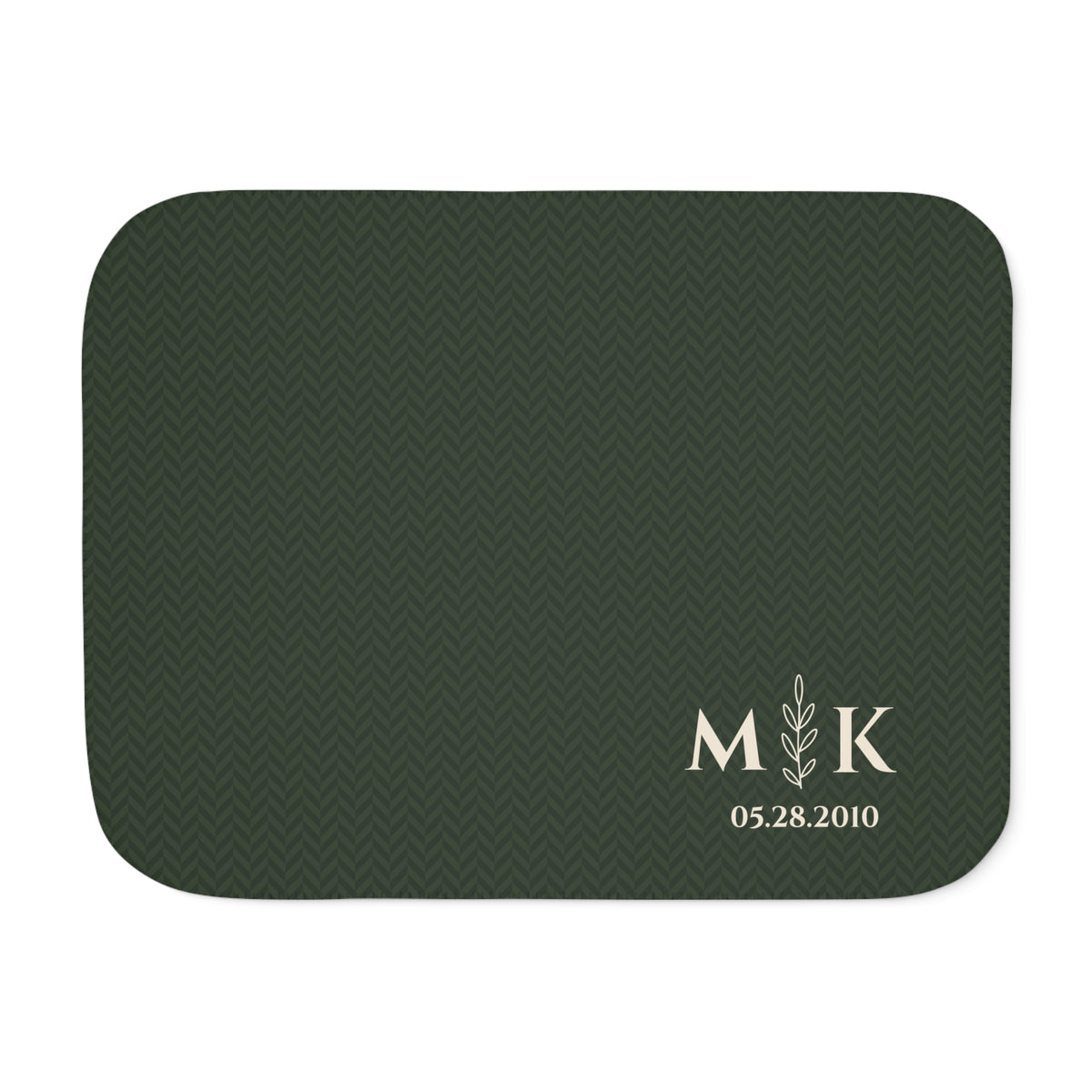 Personalized green sherpa blanket with monogram, front view with monogram