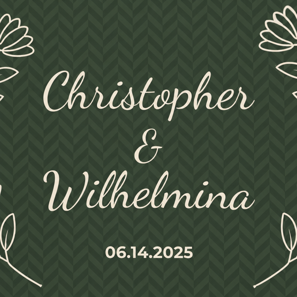 Personalized green sherpa blanket with two names and a date, close-up of the two names and a date on the herringbone weave