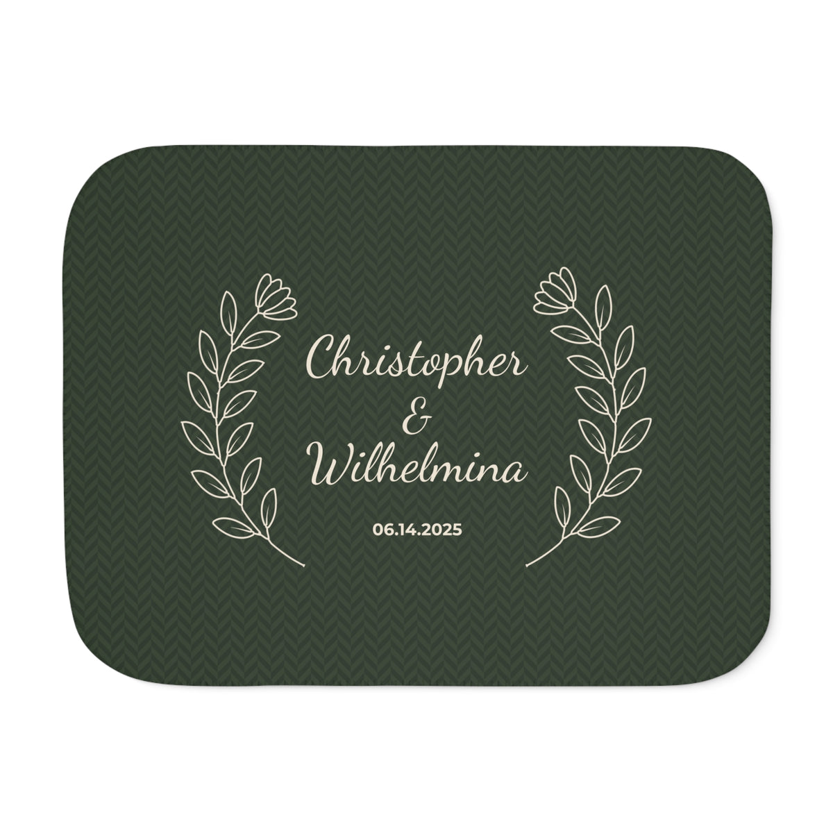 Personalized green sherpa blanket with two names and a date, front view with two names and a date