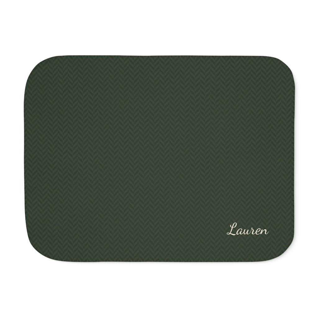 Personalized green sherpa blanket with name, front view with name in the corner