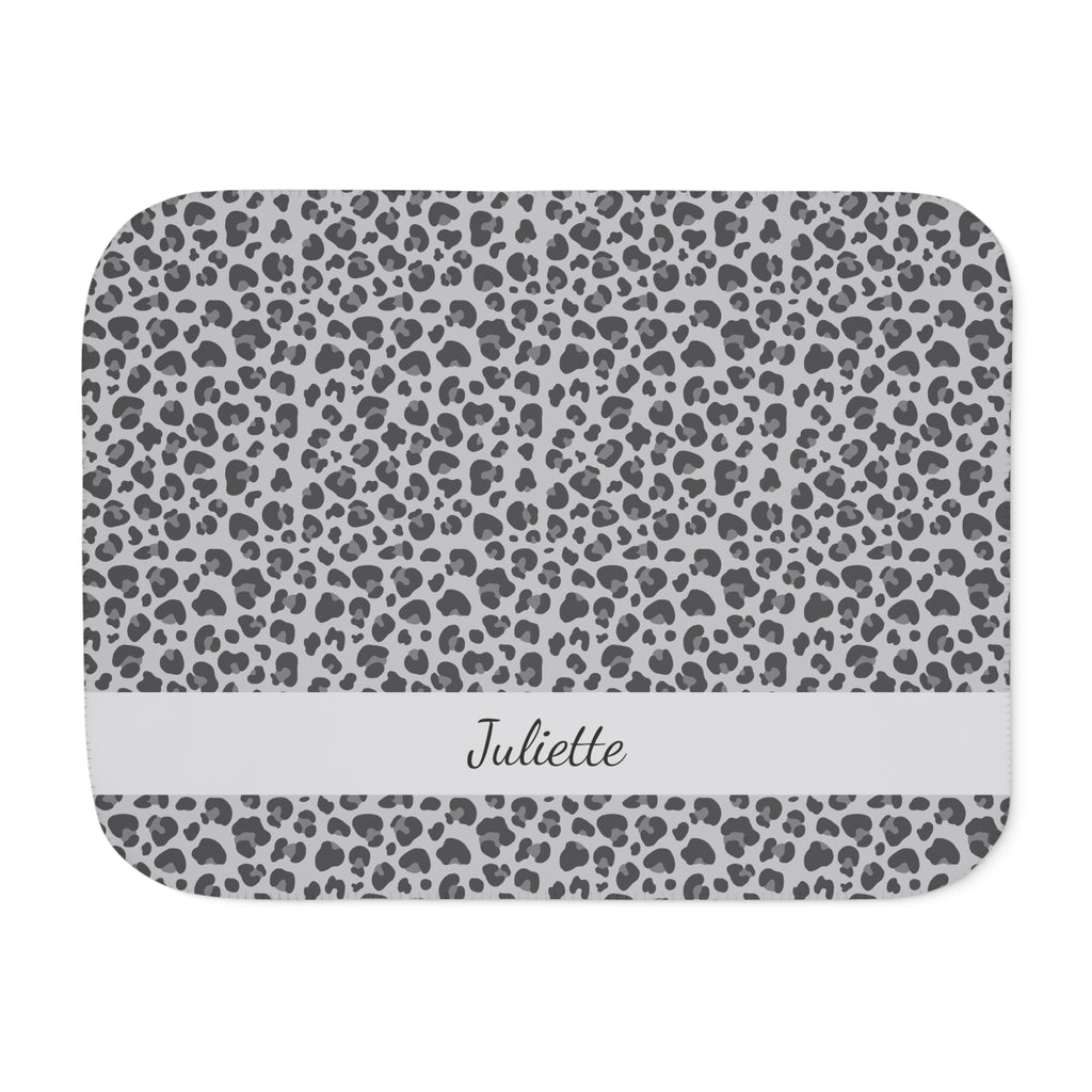 Personalized grey leopard print sherpa blanket with name, front view with name band