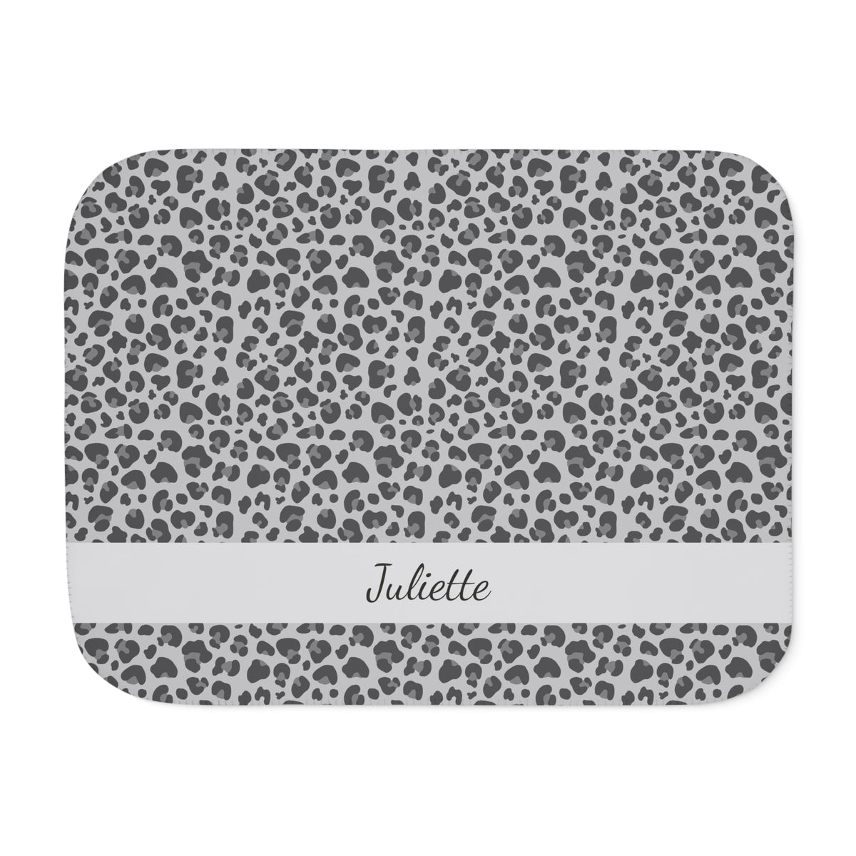 Personalized grey leopard print sherpa blanket with name, front view with name band