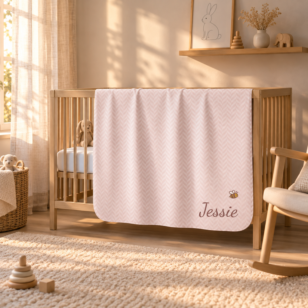 Personalized pink baby blanket with name and a bee, draped over a crib rail