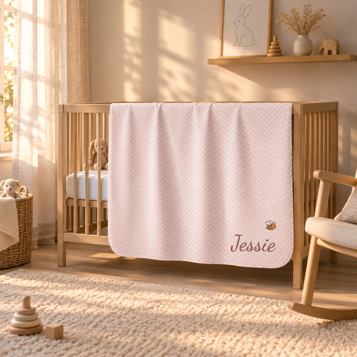Personalized pink baby blanket with name and a bee, draped over a crib rail