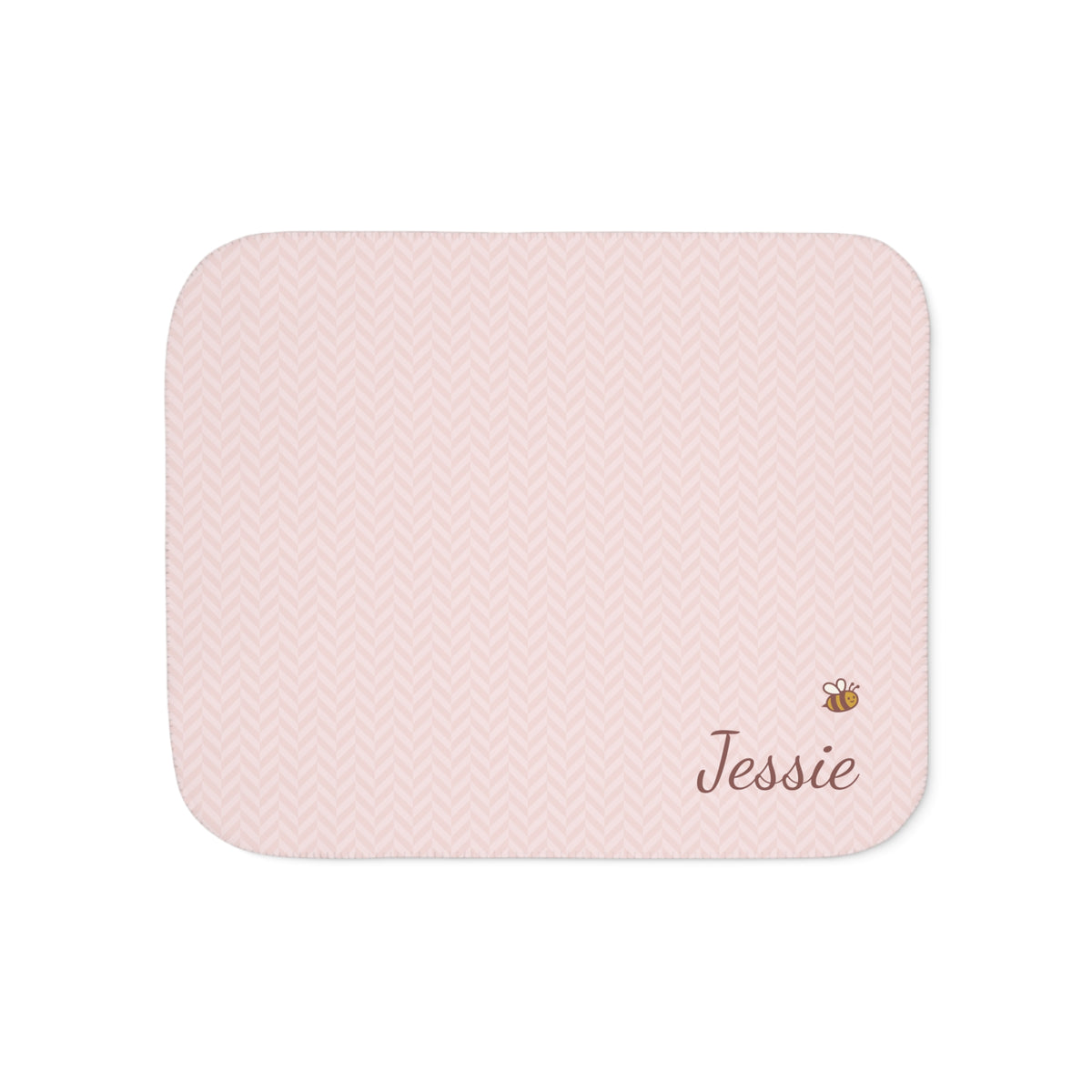 Personalized pink baby blanket with name and a bee, front view with name and bee