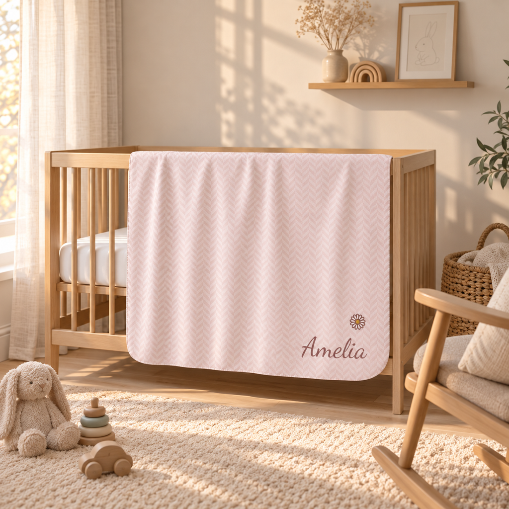 Personalized pink baby blanket with name and a flower, draped over a crib rail