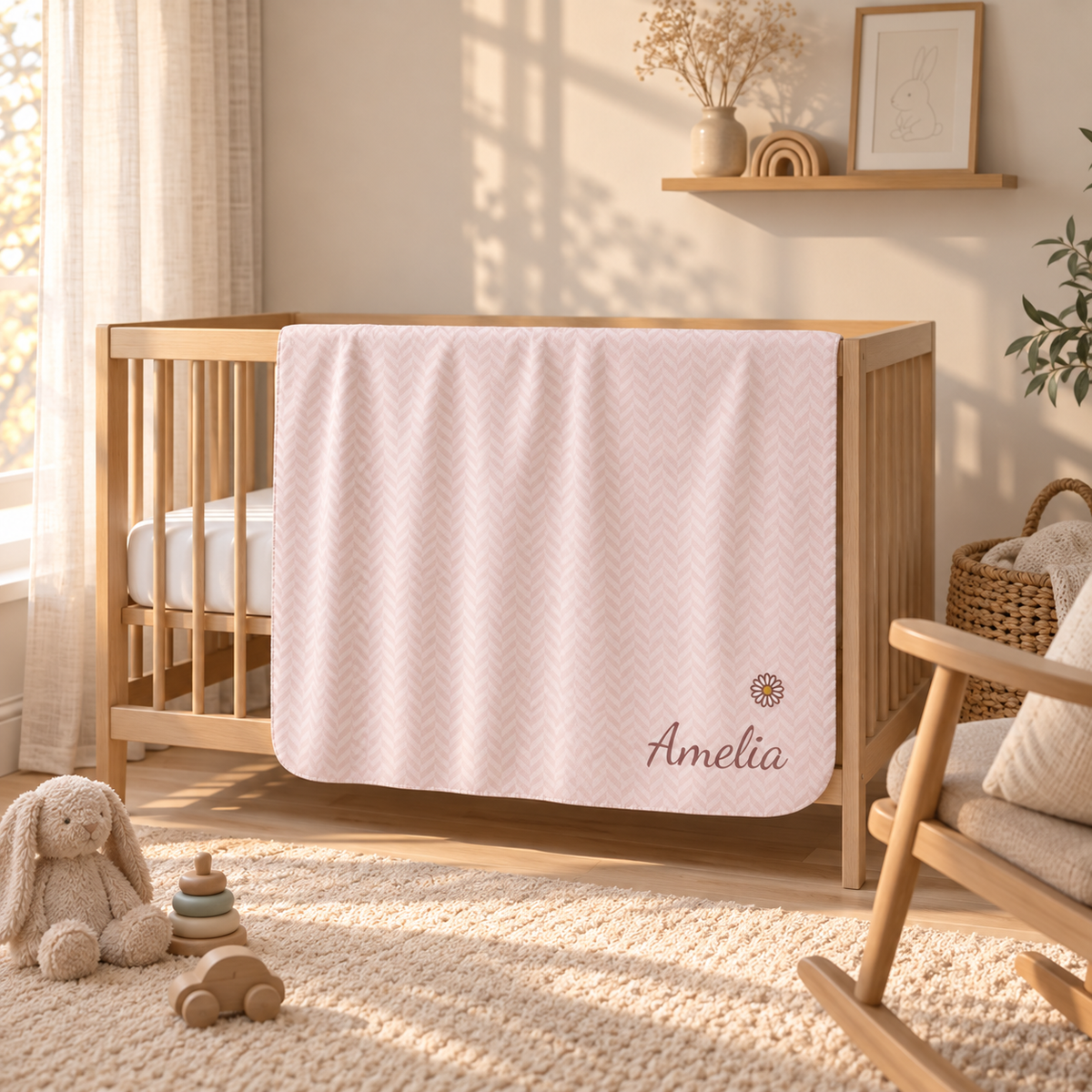 Personalized pink baby blanket with name and a flower, draped over a crib rail