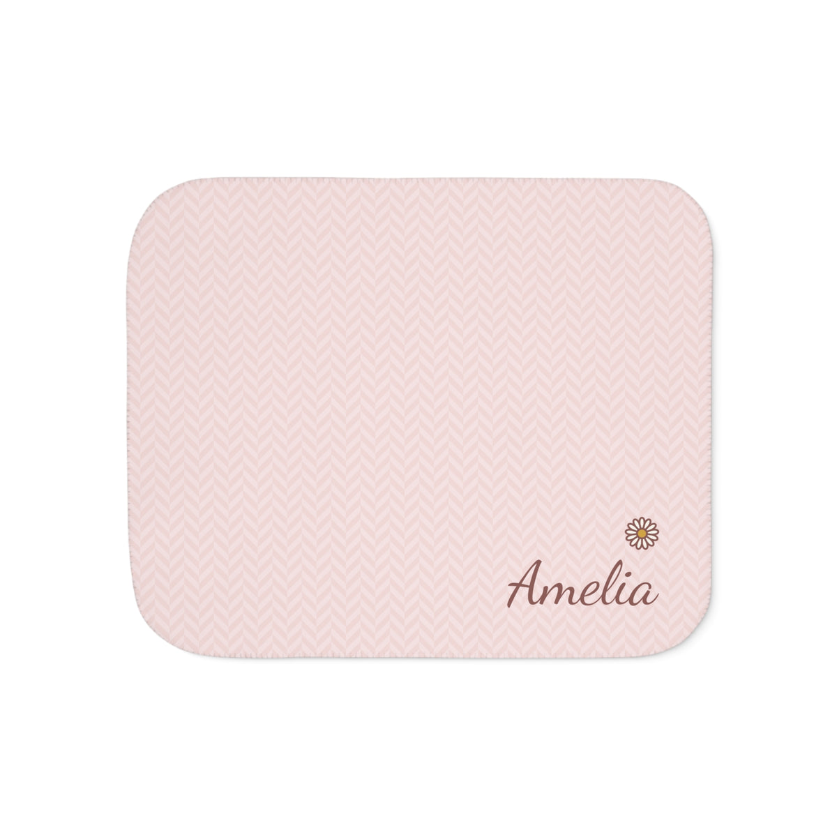 Personalized pink baby blanket with name and a flower, front view with name and flower