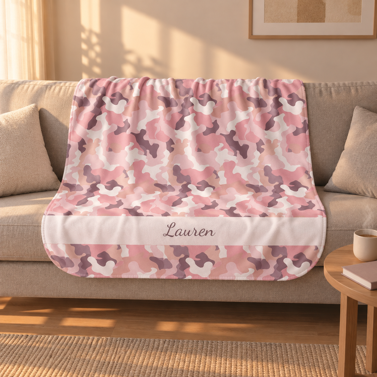 Personalized pink camo sherpa blanket with name, draped over a couch