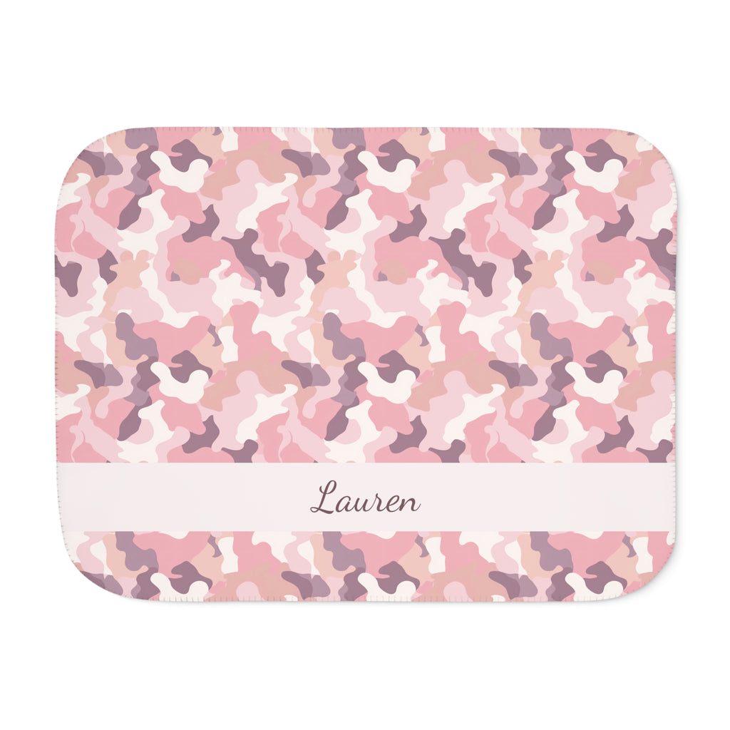 Personalized pink camo sherpa blanket with name, front view with name band