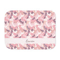 Personalized pink camo sherpa blanket with name, front view with name band