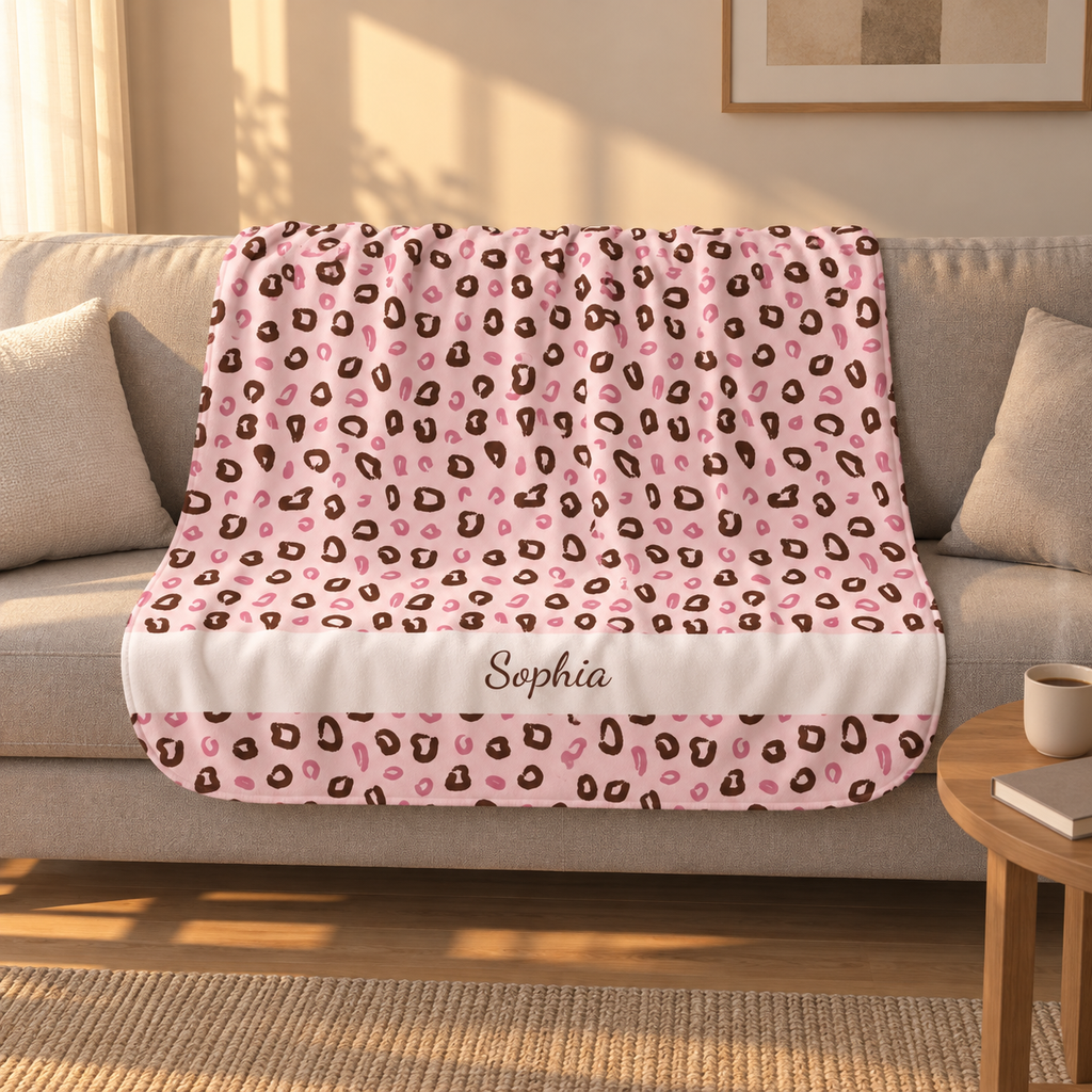 Personalized pink leopard print sherpa blanket with name, draped over a couch