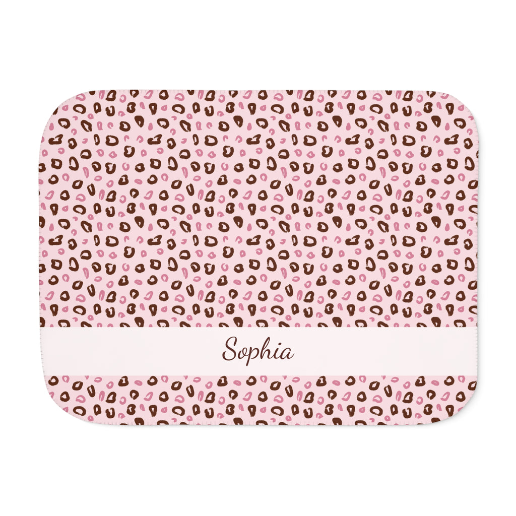 Personalized pink leopard print sherpa blanket with name, front view with name band