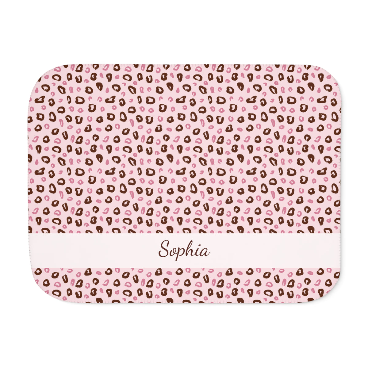 Personalized pink leopard print sherpa blanket with name, front view with name band