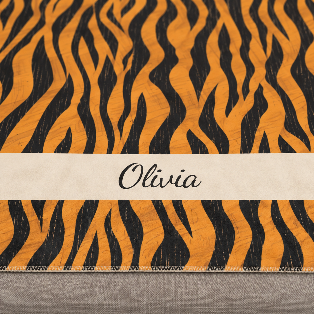 Personalized tiger stripe sherpa blanket with name, close-up of the name in script on the band