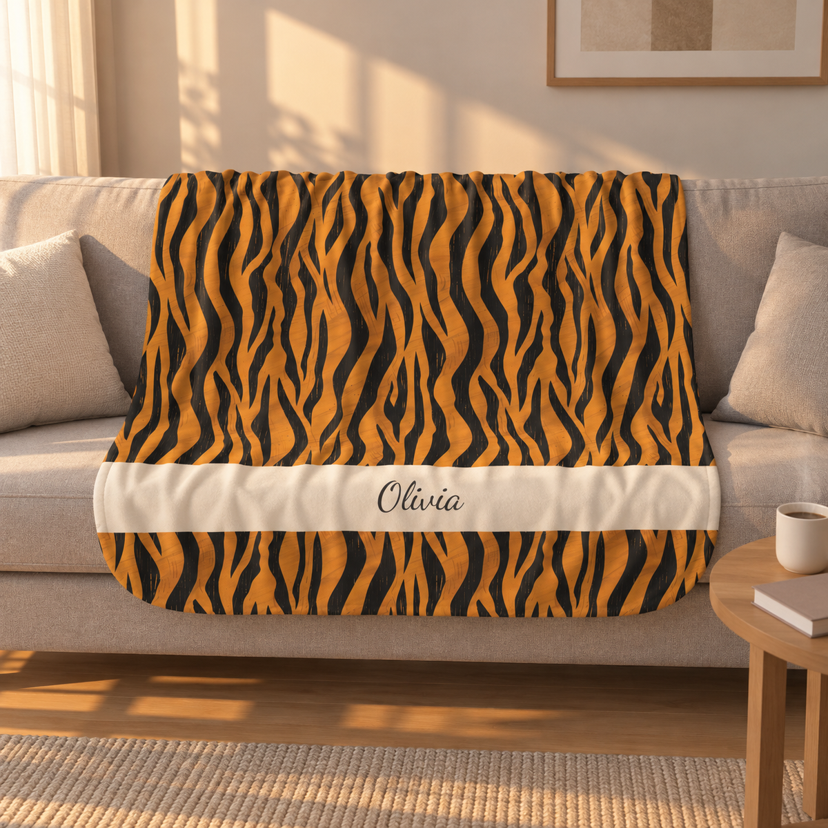 Personalized tiger stripe sherpa blanket with name, draped over a couch