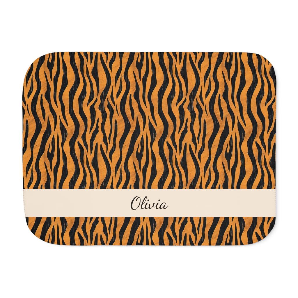 Personalized tiger stripe sherpa blanket with name, front view with name band