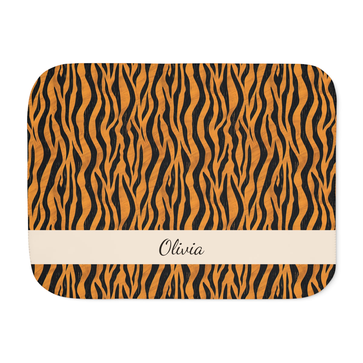 Personalized tiger stripe sherpa blanket with name, front view with name band
