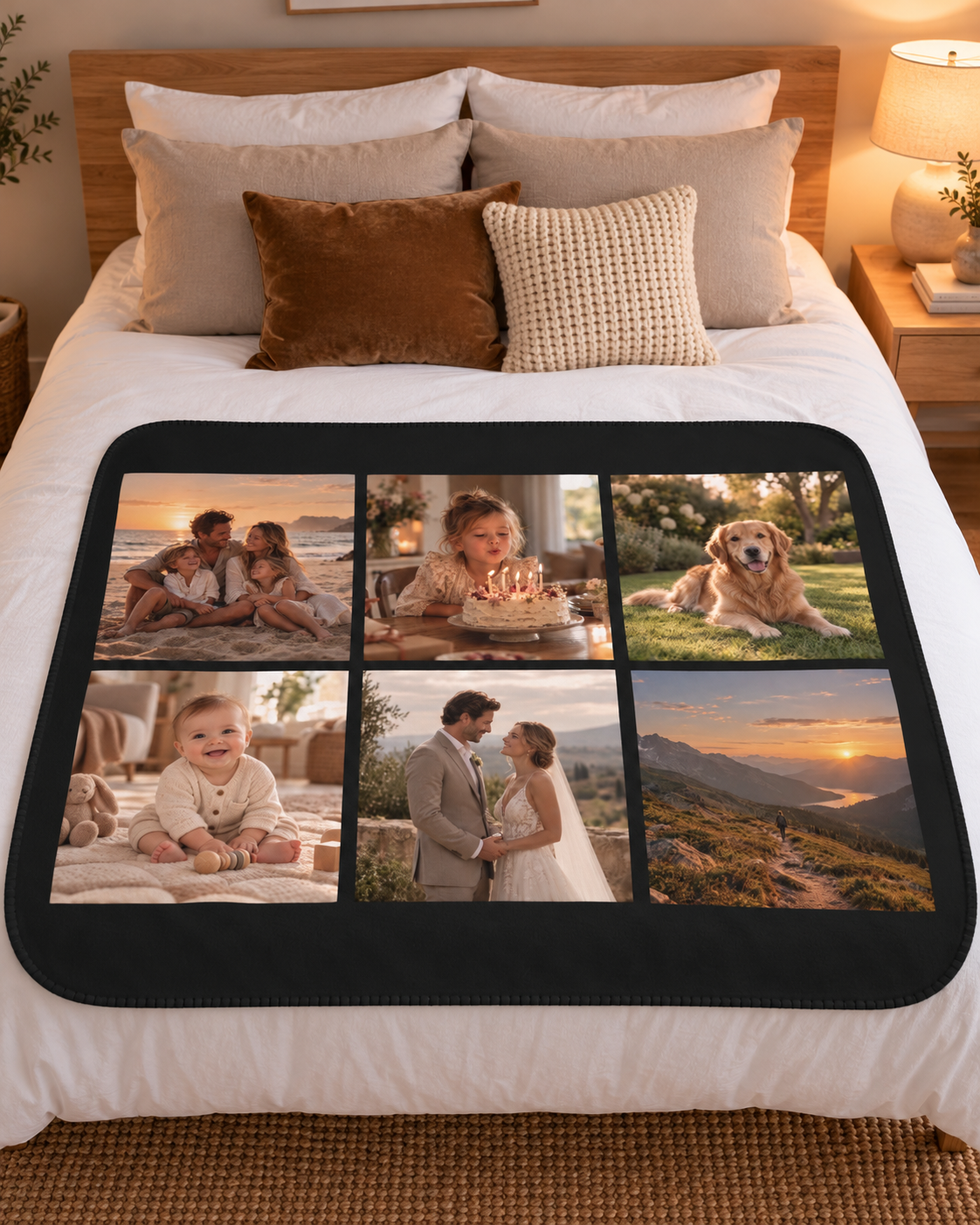 Photo Collage Blanket in black with 6 photos, on a bed