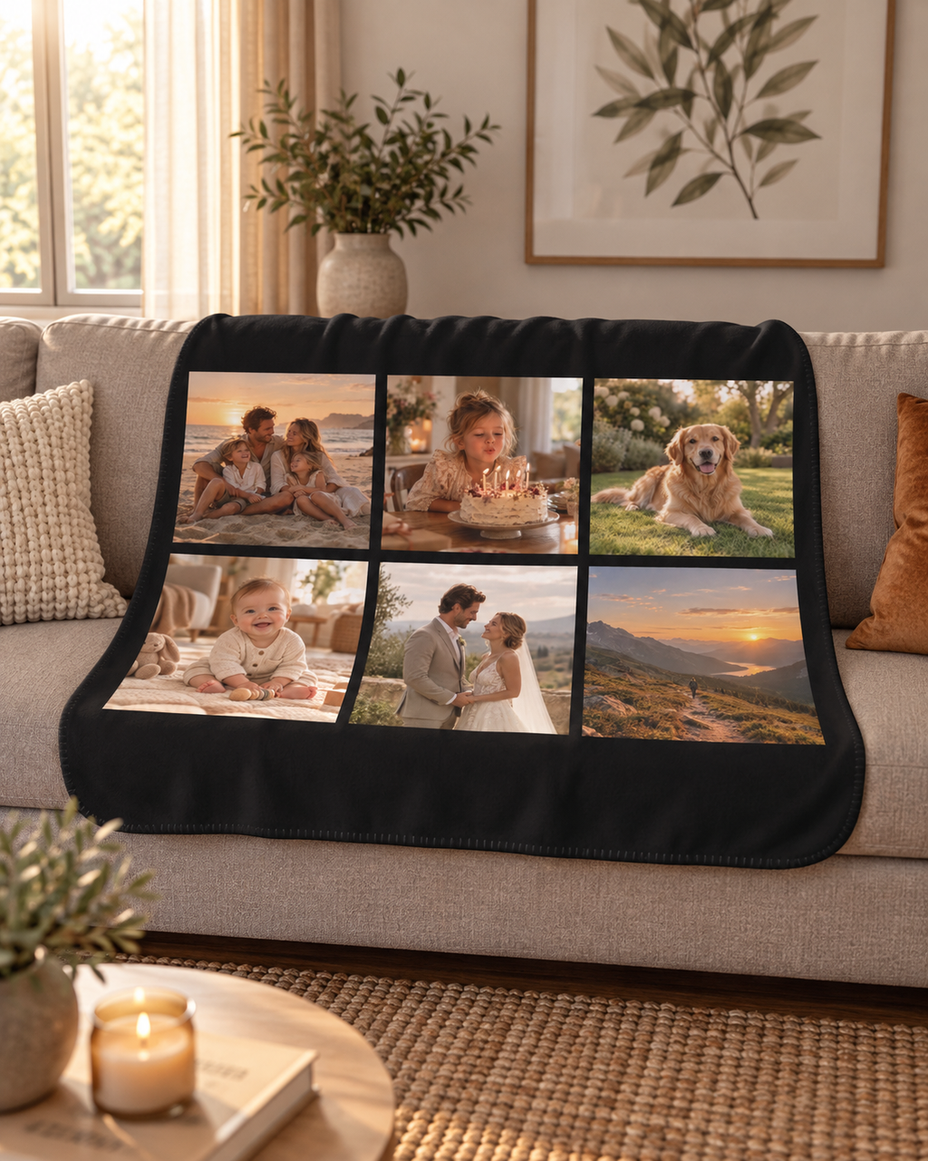 Photo Collage Blanket in black with 6 photos, draped over a couch