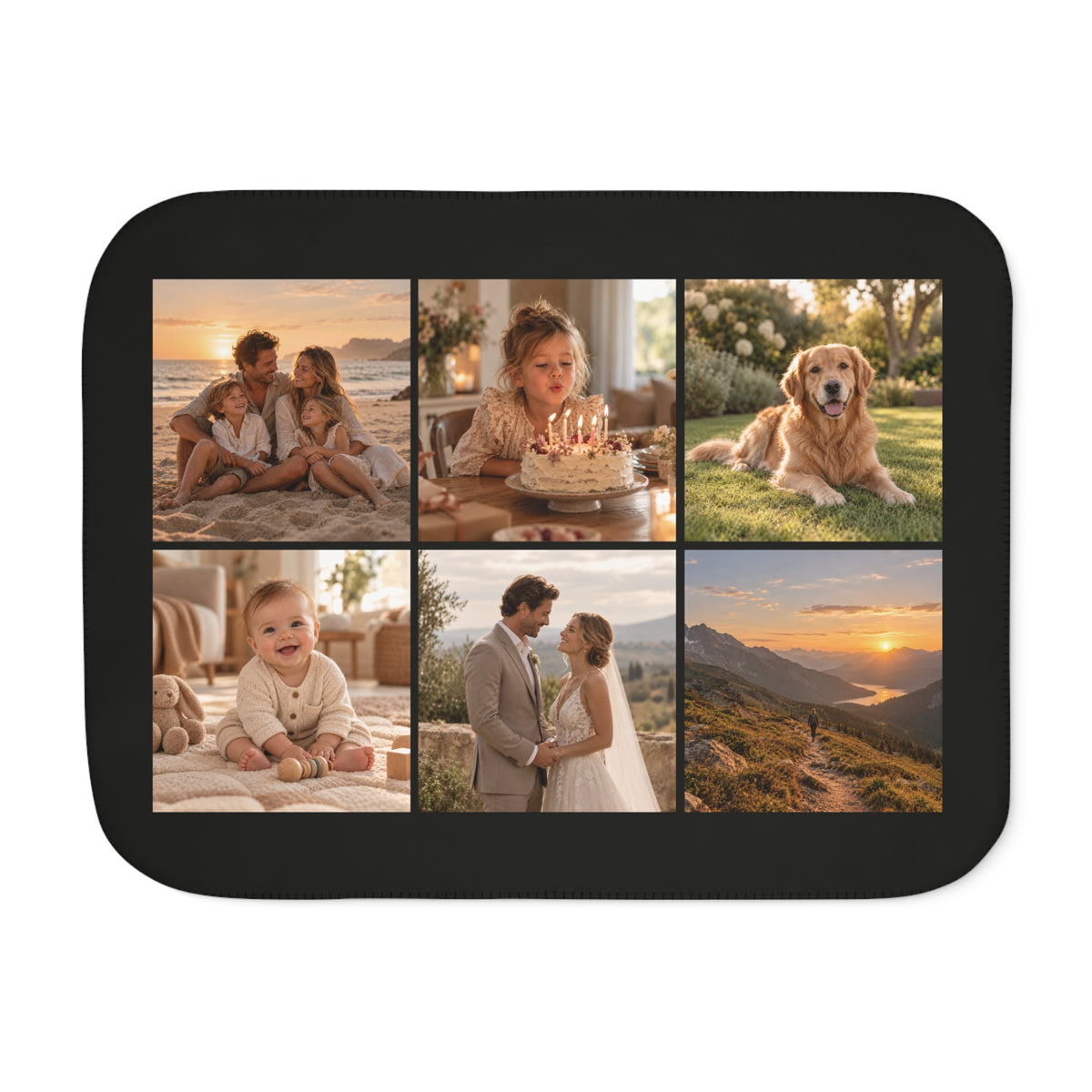 Photo Collage Blanket in black with 6 photos, front view