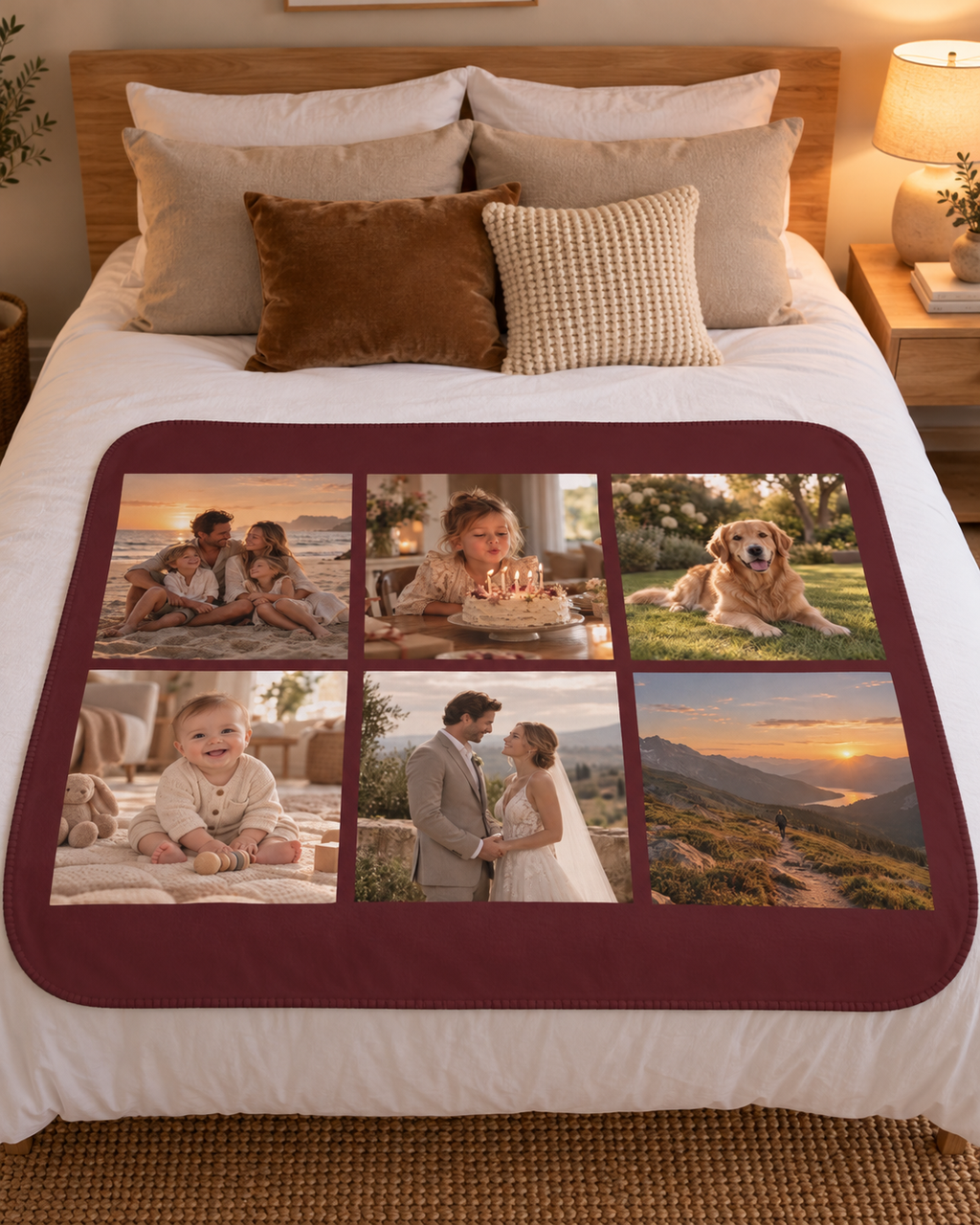 Photo Collage Blanket in burgundy with 6 photos, on a bed