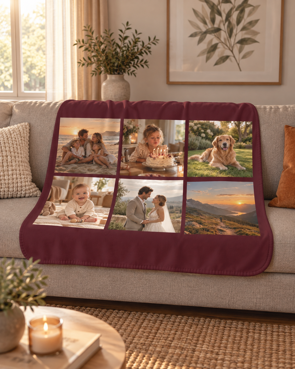 Photo Collage Blanket in burgundy with 6 photos, draped over a couch