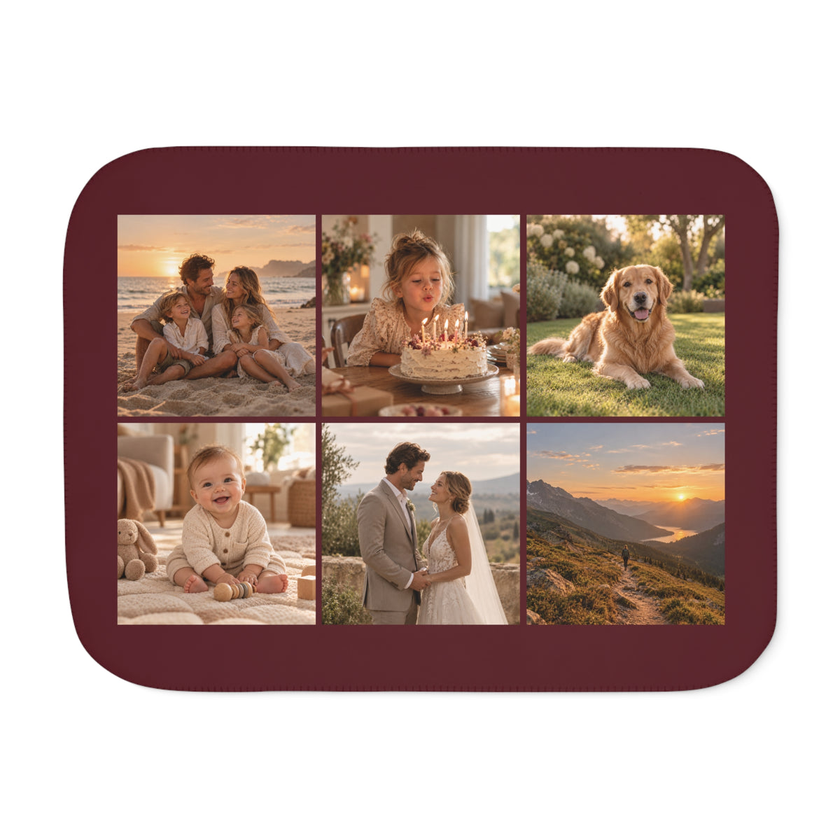 Photo Collage Blanket in burgundy with 6 photos, front view