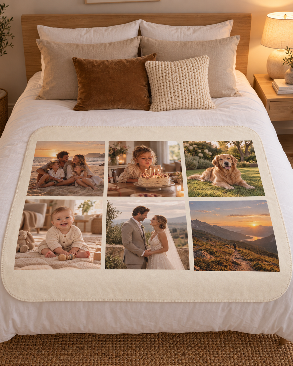 Photo Collage Blanket in cream with 6 photos, on a bed