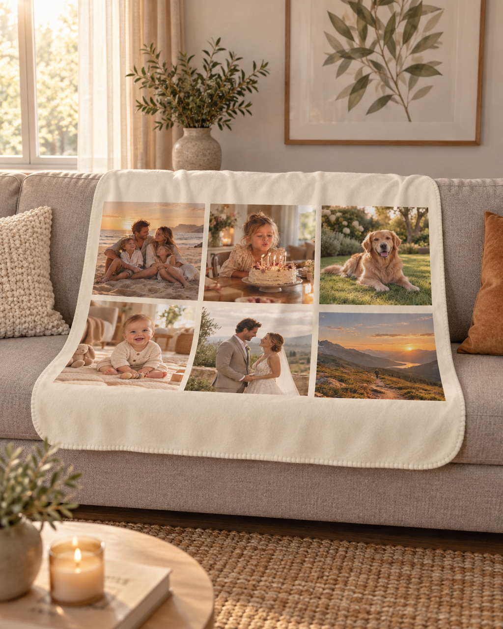 Photo Collage Blanket in cream with 6 photos, draped over a couch