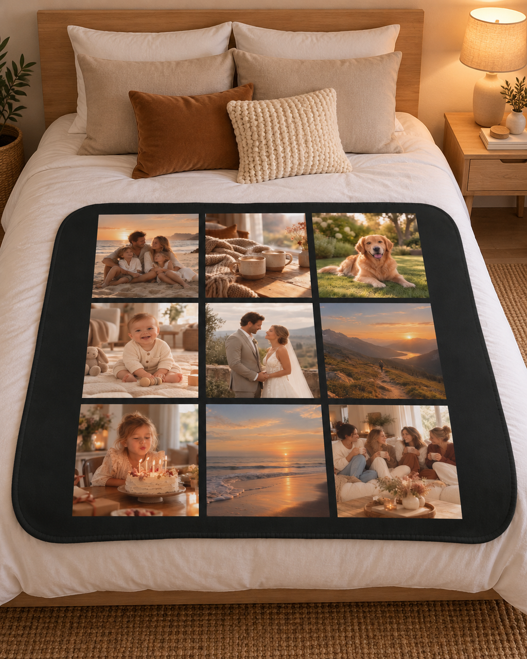 Picture Collage Blanket in black with 9 photos, on a bed