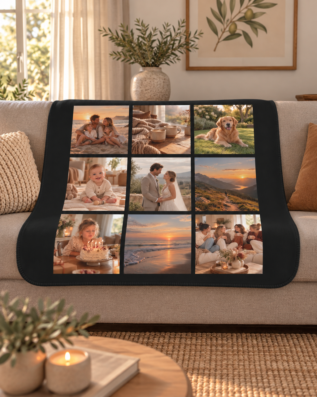 Picture Collage Blanket in black with 9 photos, draped over a couch