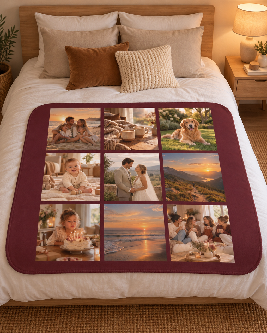 Picture Collage Blanket in burgundy with 9 photos, on a bed