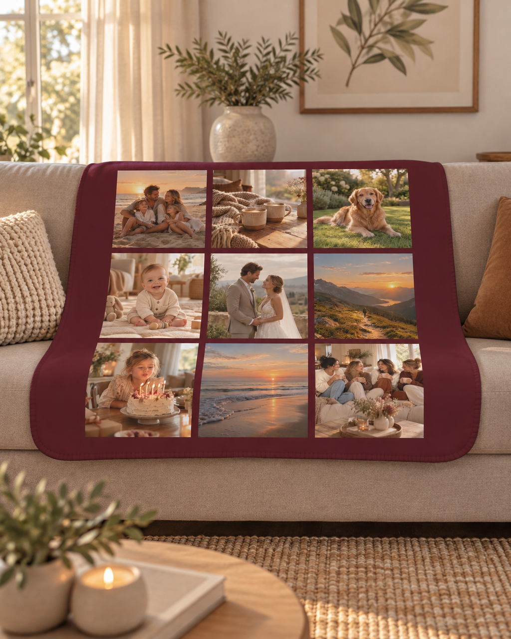 Picture Collage Blanket in burgundy with 9 photos, draped over a couch